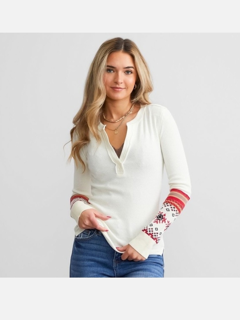 Free People Cream Waffle Henley Top with Red Patterned Cuffs